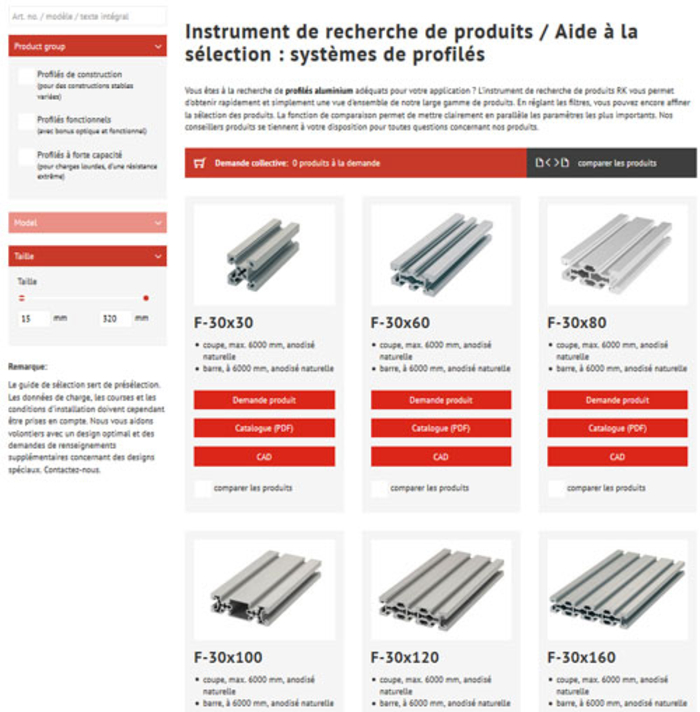 Outil de recherche de produits Techniques de profilés